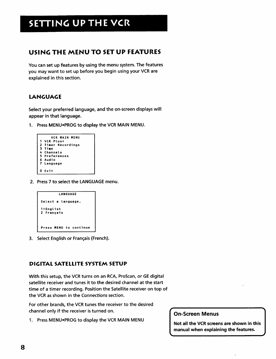 Lanouaoe, Digital satellite system setup, Setting up the vcr | Usino the menu to set up features | RCA VR628HF User Manual | Page 12 / 74