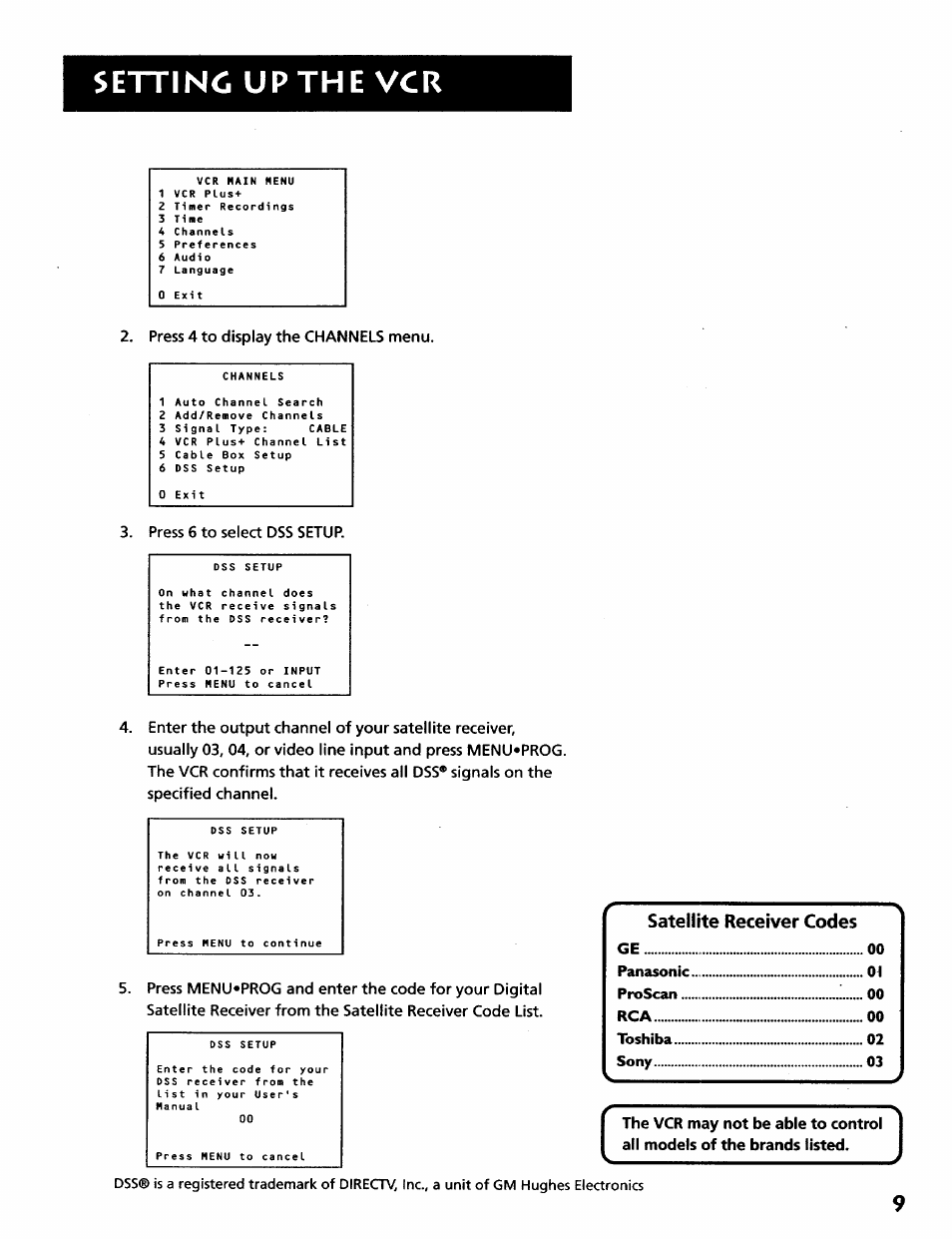 Satellite receiver codes, Settino up the vcr | RCA VR628HF User Manual | Page 13 / 74