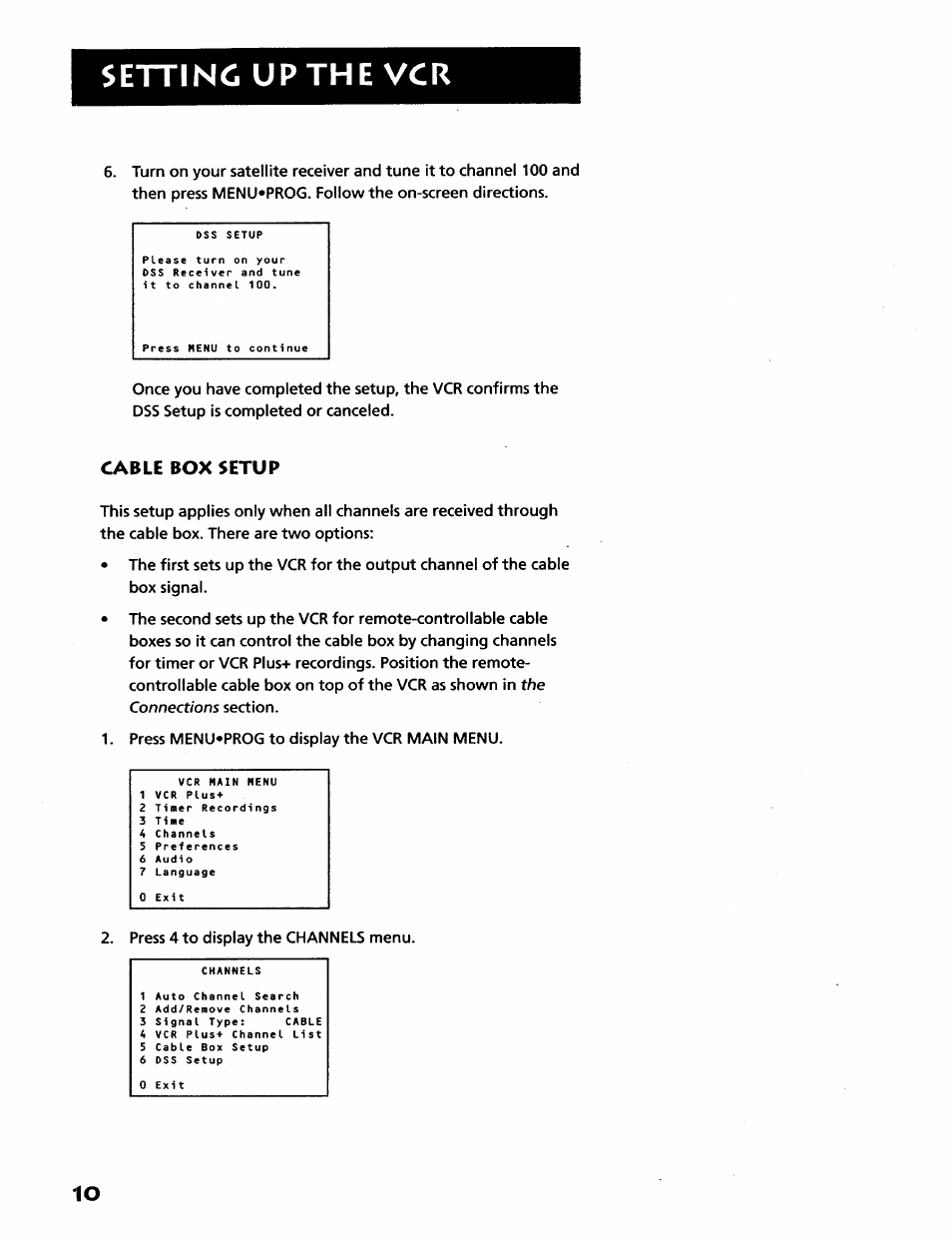 Cable box setup, Setting up the vcr | RCA VR628HF User Manual | Page 14 / 74