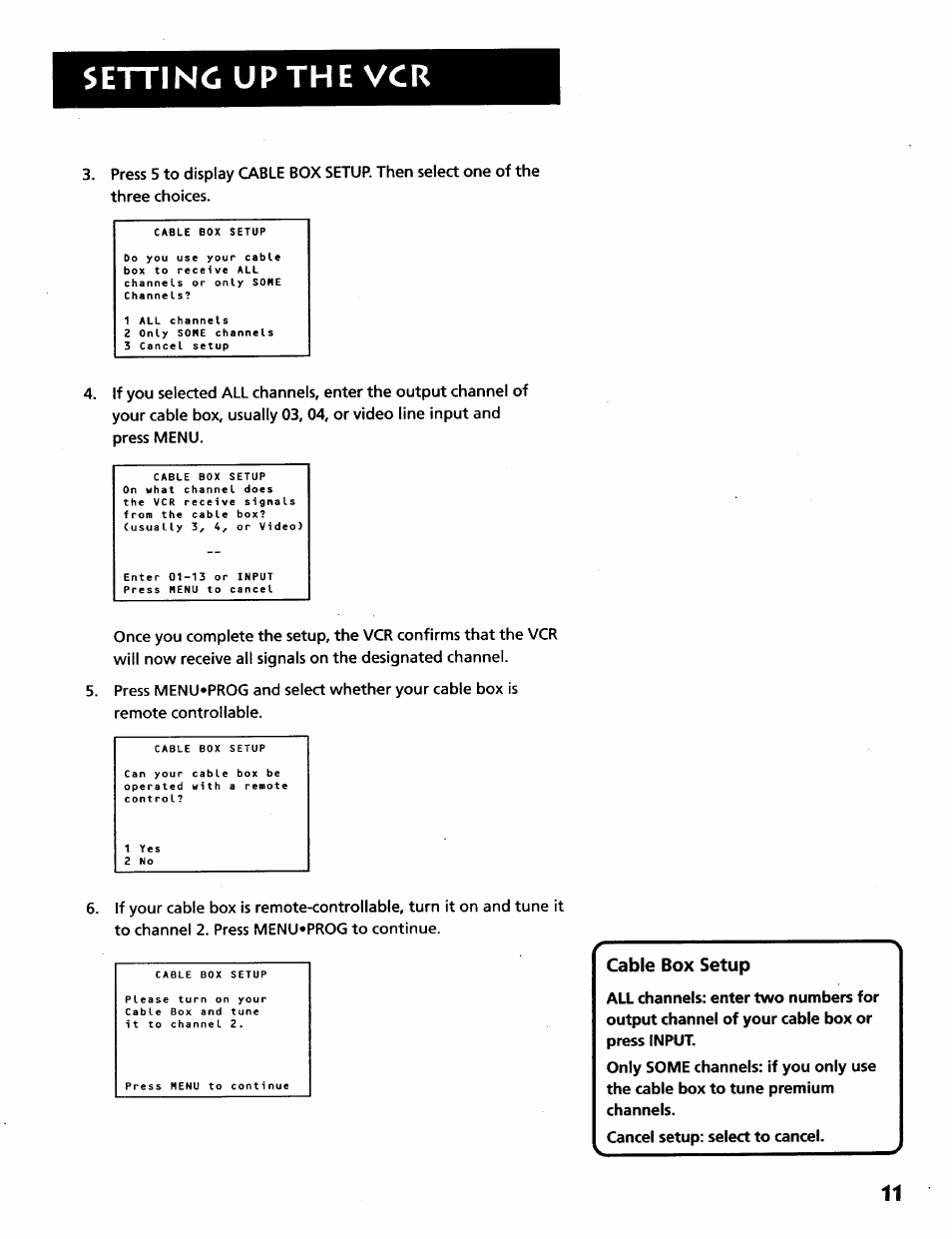 Cable box setup, Setting up the vcr | RCA VR628HF User Manual | Page 15 / 74