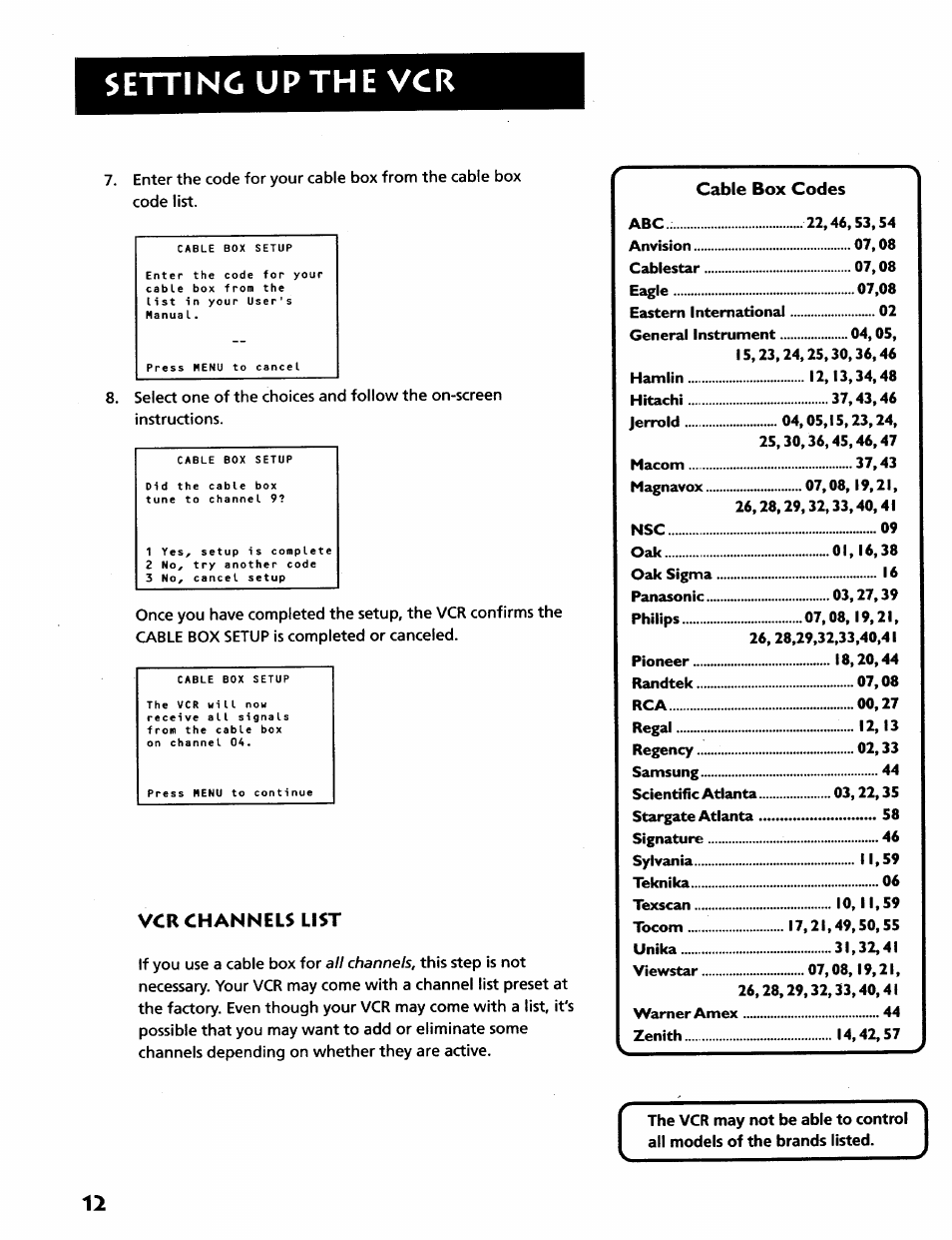 Vcr channels list, Settinci up the vcr | RCA VR628HF User Manual | Page 16 / 74