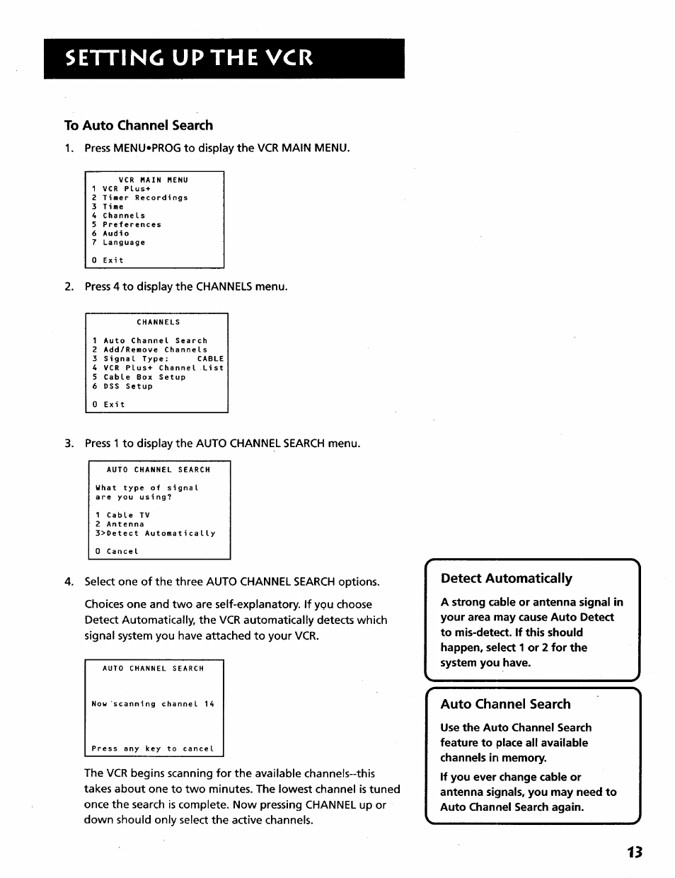To auto channel search, Setting upthe vcr, Detect automatically | Auto channel search | RCA VR628HF User Manual | Page 17 / 74