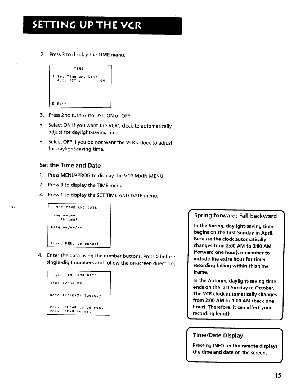 Set the time and date, Spring forward; fall backward, Time/date display | Setting up the vcr | RCA VR628HF User Manual | Page 19 / 74