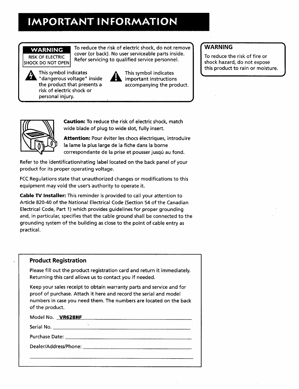 Warning, Product registration, Important information | RCA VR628HF User Manual | Page 2 / 74