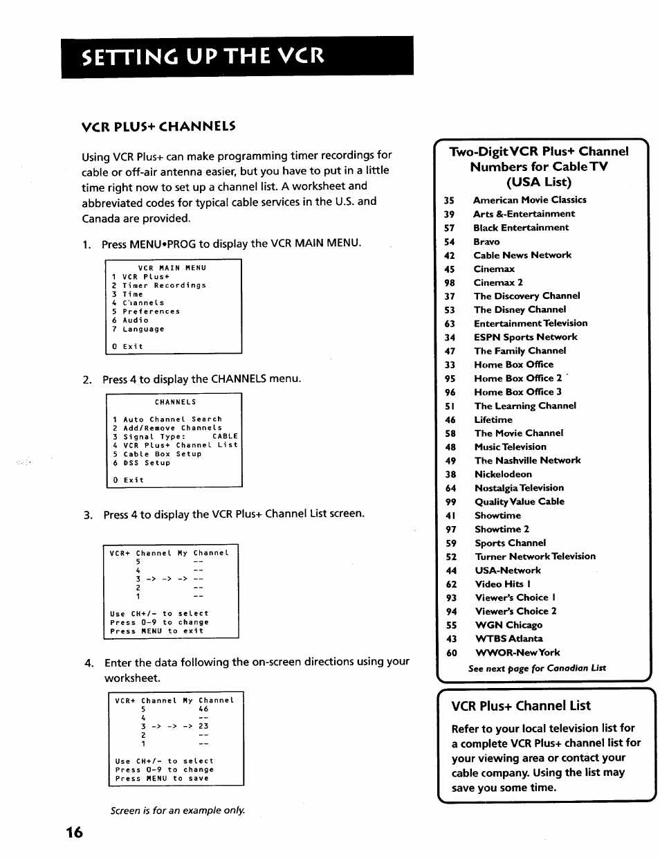 Vcr plu$+ channels, Vcr plus-h channel list, Vcr plus+ channels | Setting up the vcr | RCA VR628HF User Manual | Page 20 / 74