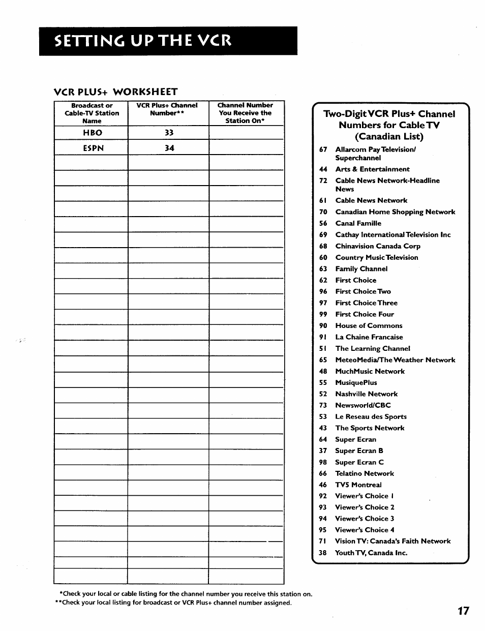 Vcrplus+ worksheet, Settinc up the vcr | RCA VR628HF User Manual | Page 21 / 74