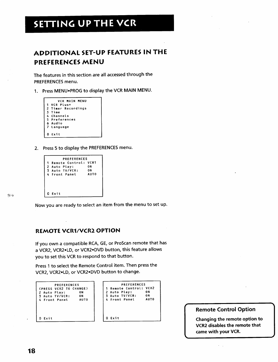 Remote vcr1/vcr2 option, Remote control option, Remote vcr i/vcr2 option | Setting up the vcr, Additional set-up features in the preferences menu | RCA VR628HF User Manual | Page 22 / 74