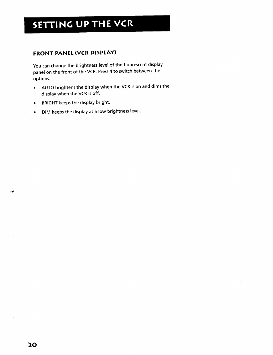 Front panel (vcr display), Setting upthe vcr | RCA VR628HF User Manual | Page 24 / 74