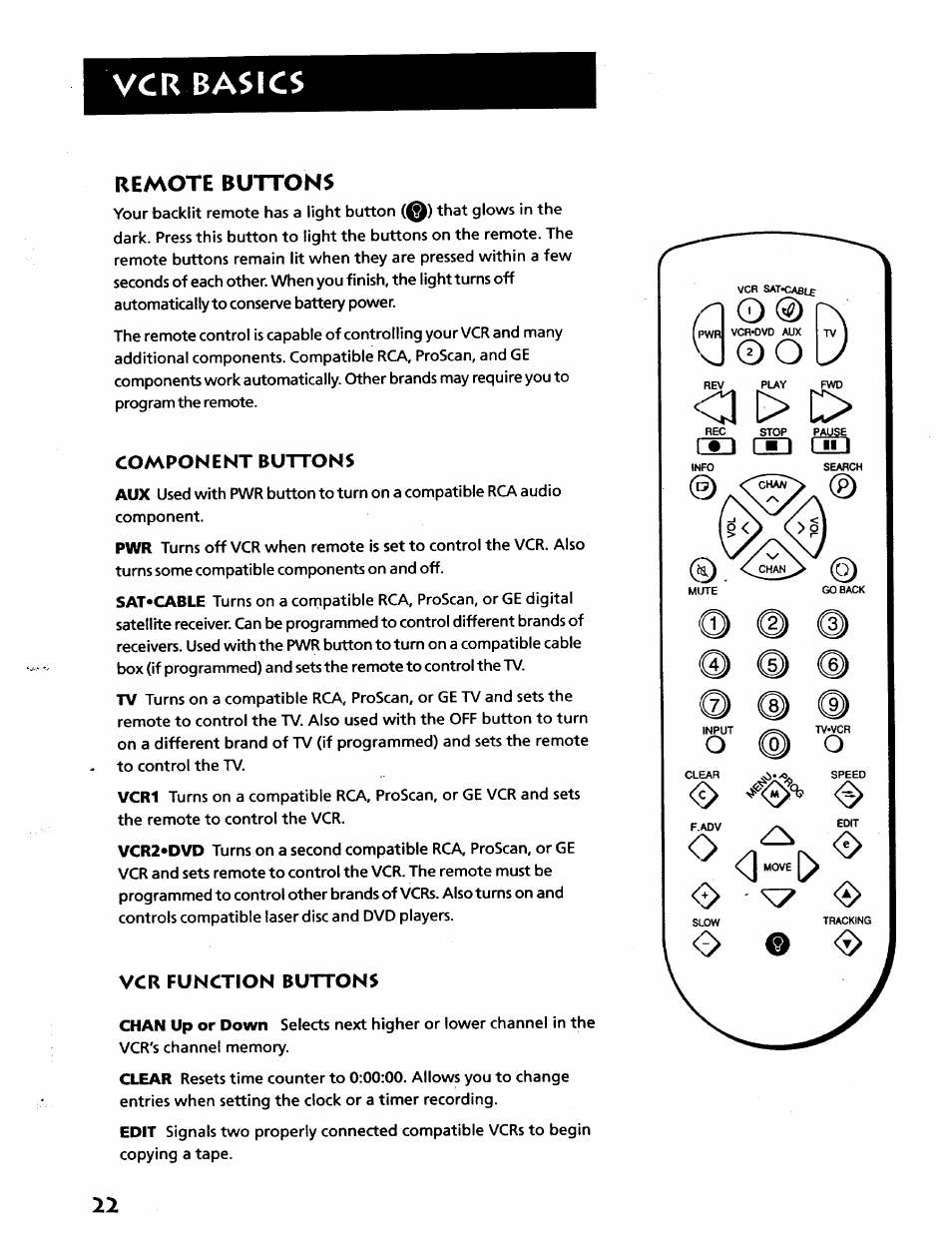 Component buttons, Vcr function buttons, Vcr basics | Remote buttons | RCA VR628HF User Manual | Page 26 / 74