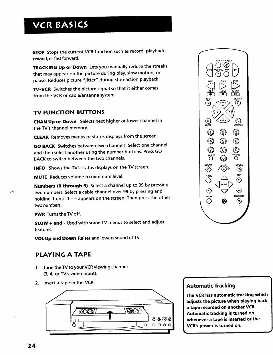 Tv function buttons, Vcr basics, O ® o | Playinc atape, Rri m rm | RCA VR628HF User Manual | Page 28 / 74