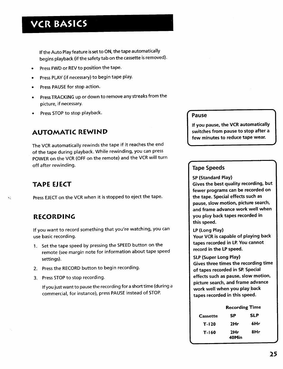 Vcr basics, Automatic rewind, Tape eject | Recorpinc | RCA VR628HF User Manual | Page 29 / 74