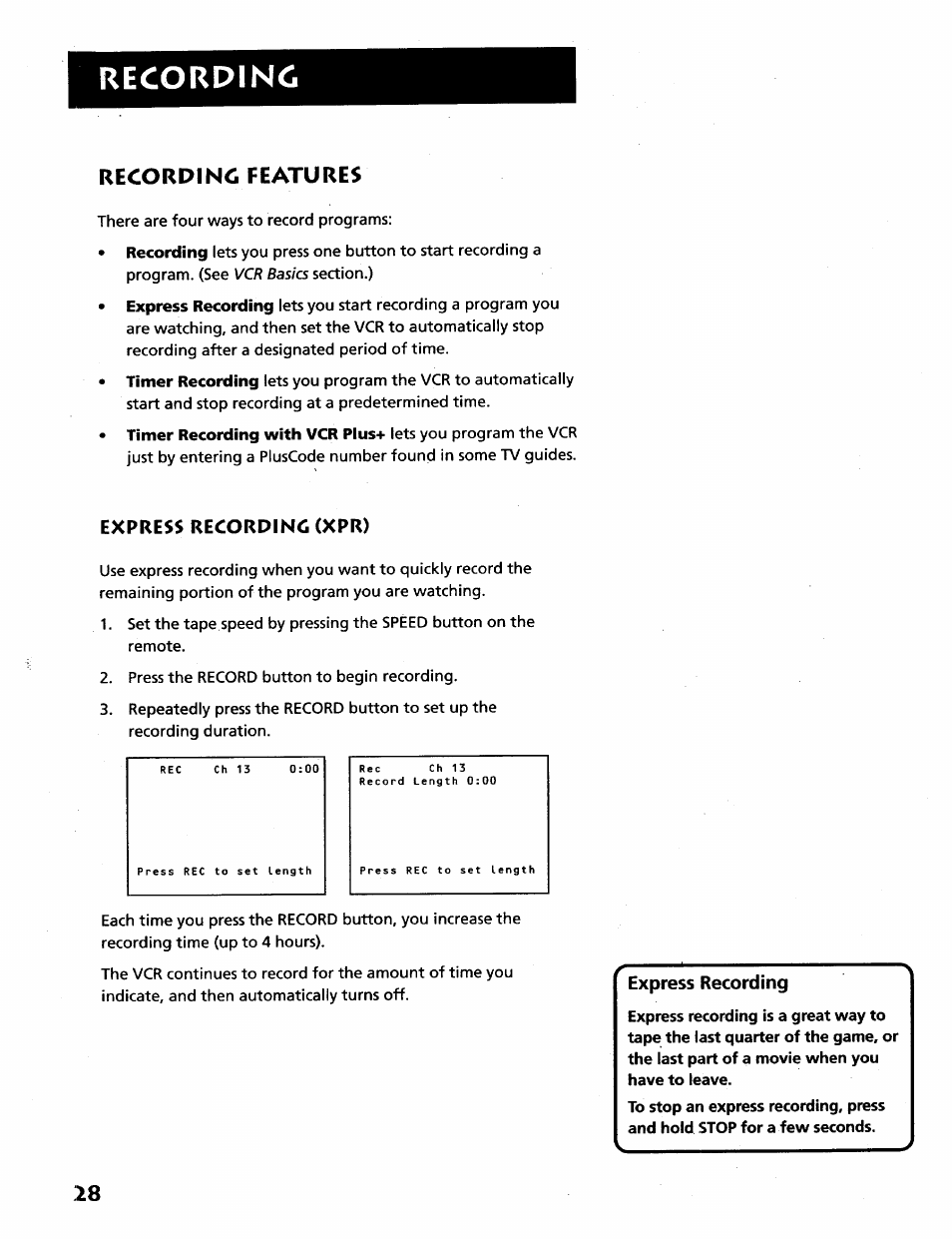 Express recording (xpr), Express recording, Recording | RCA VR628HF User Manual | Page 32 / 74