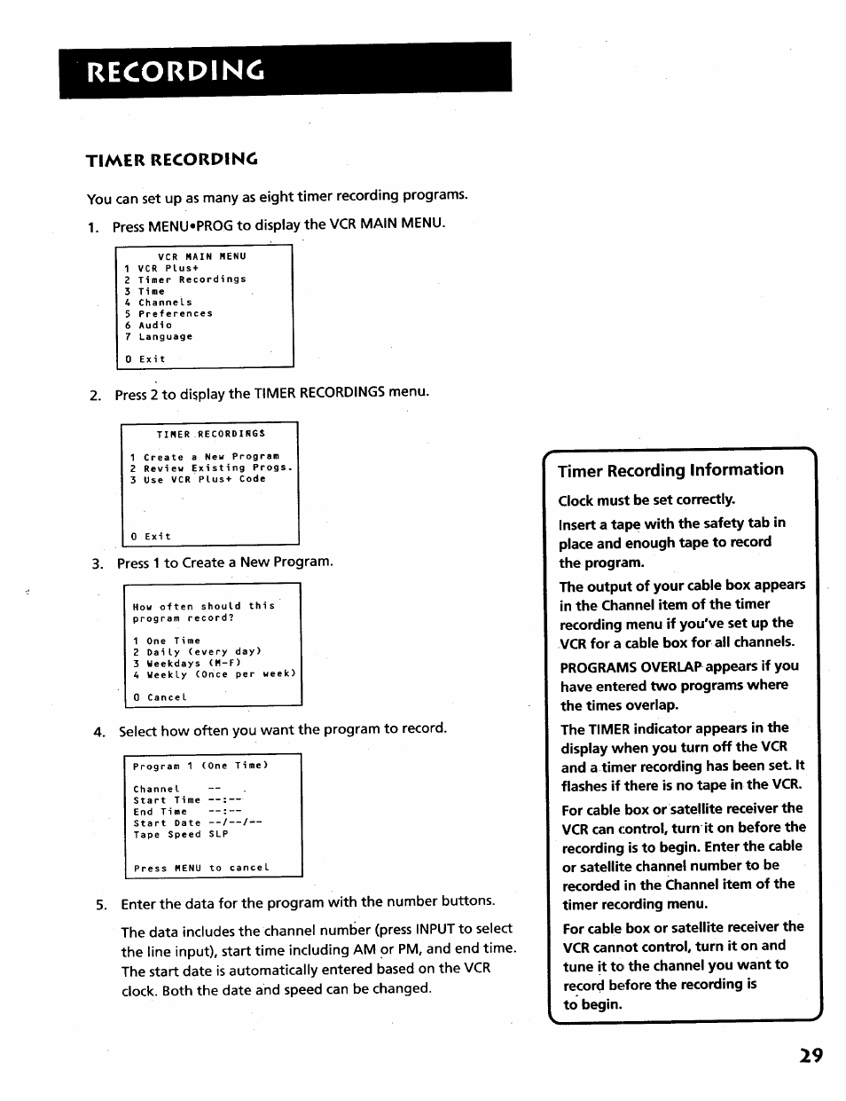 Timer recording, Timer recording information, Recording | RCA VR628HF User Manual | Page 33 / 74