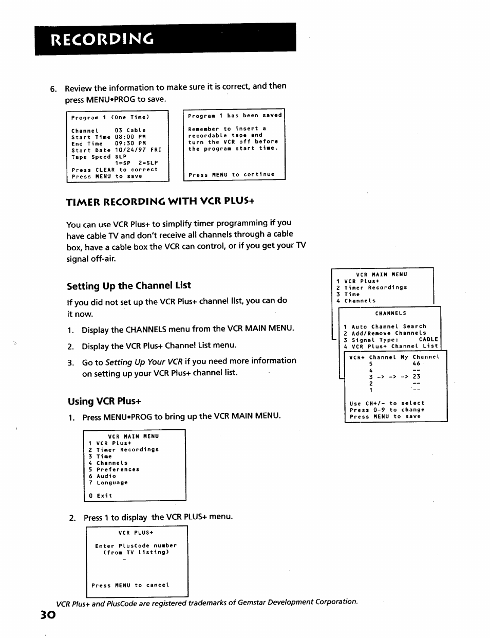 Timer recording with vcr plus, Setting up the channel list, Using vcr plus | Recordinc | RCA VR628HF User Manual | Page 34 / 74