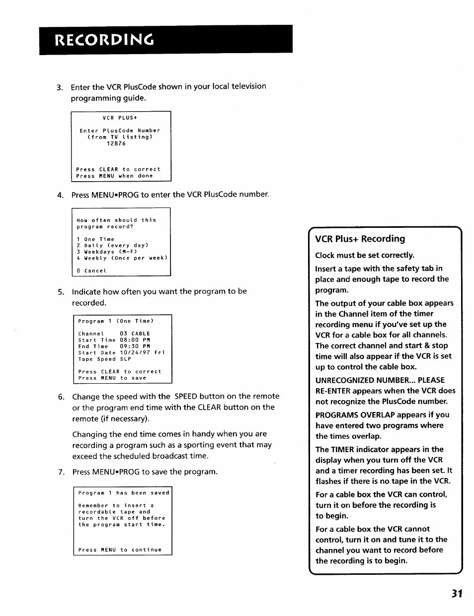 Vcr plus+ recording, Recording | RCA VR628HF User Manual | Page 35 / 74