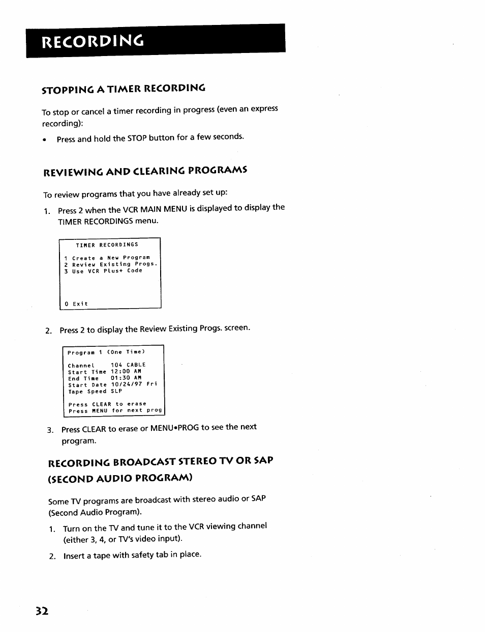 Stopping a timer recording, Reviewing and clearing programs, Recording | RCA VR628HF User Manual | Page 36 / 74