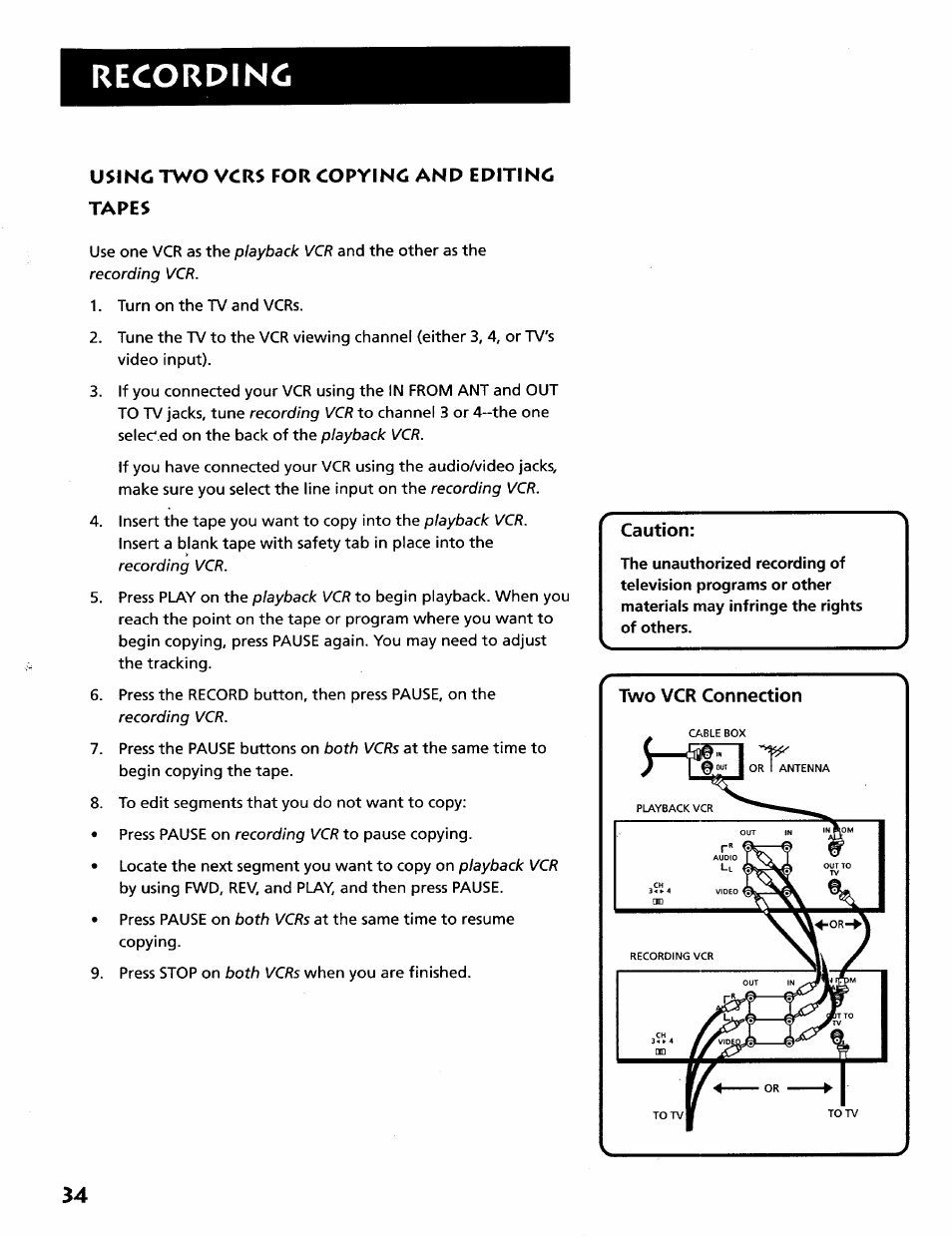 Usinc two vcrs for copyinc and editinc tapes, Using two vcrs for copying and editing tapes, Recording | RCA VR628HF User Manual | Page 38 / 74