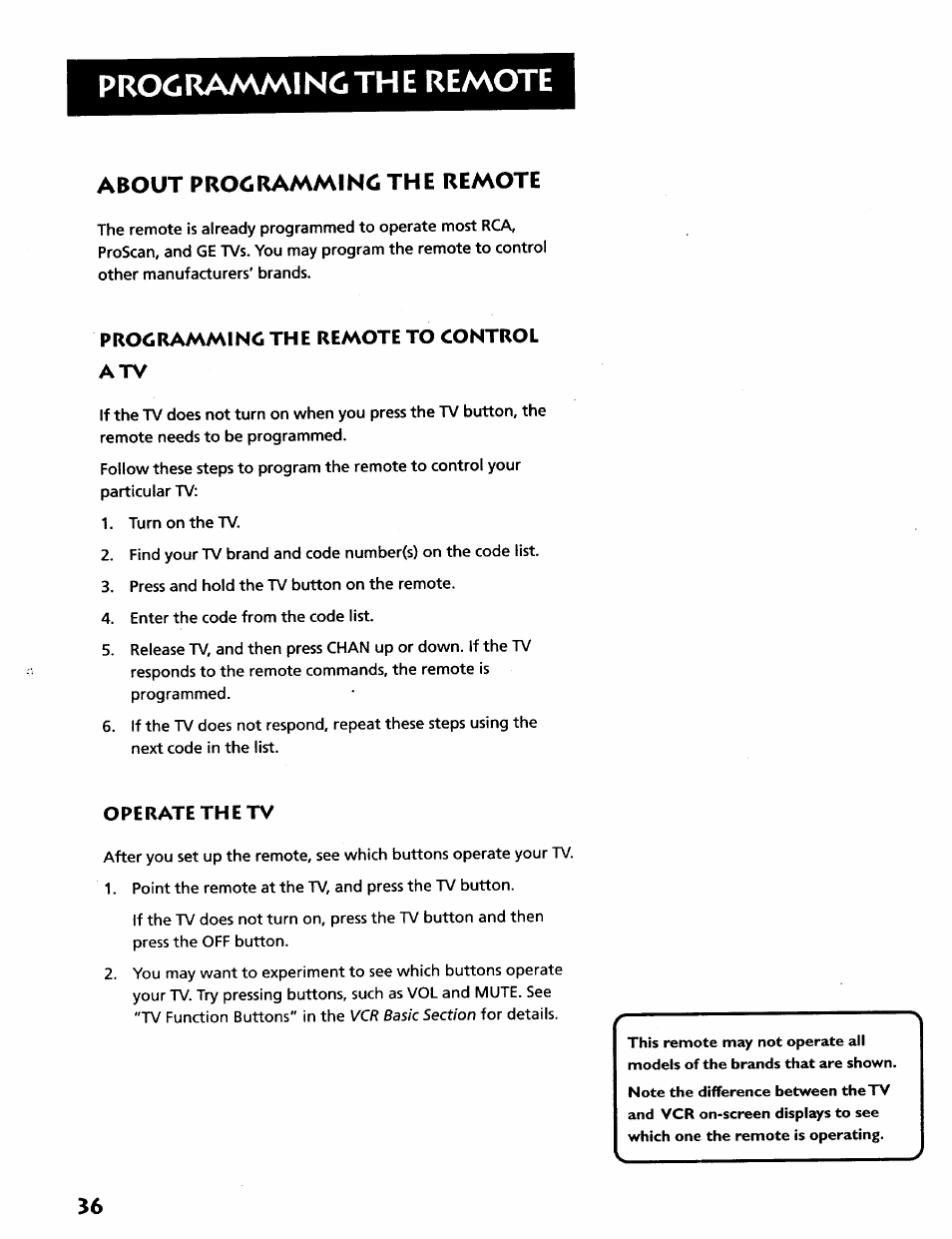 Prodramminc the remote to control atv, Operate the tv, Proora/amindthe remote | About procirammincithe remote | RCA VR628HF User Manual | Page 40 / 74