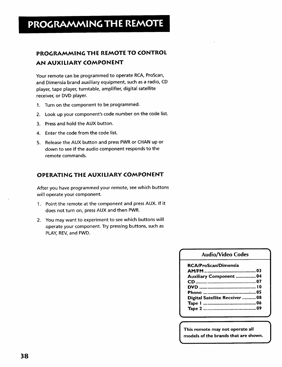 Operating the auxiliary component, Programming the remote | RCA VR628HF User Manual | Page 42 / 74