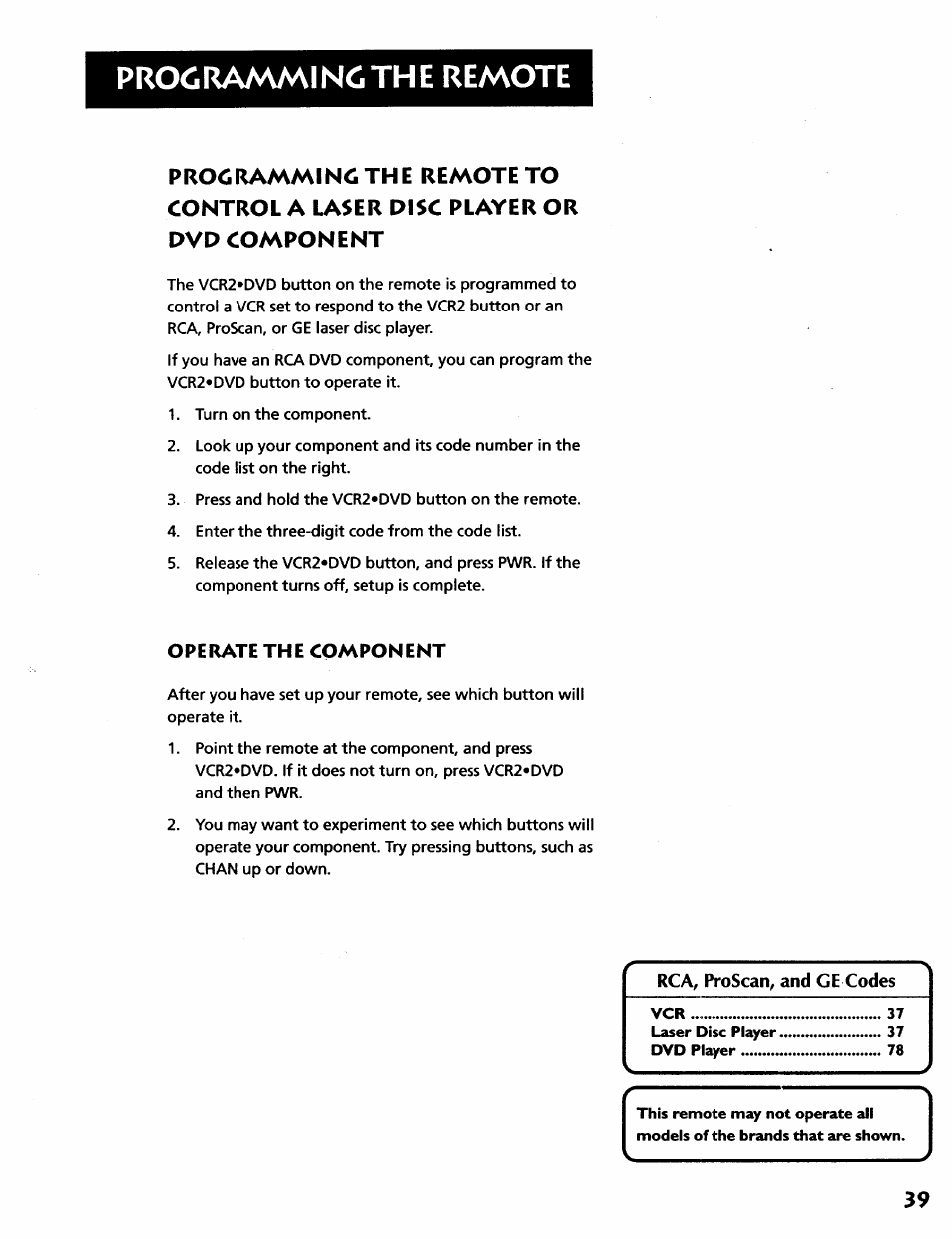 Operate the component, Proclraa^mincthe remote | RCA VR628HF User Manual | Page 43 / 74