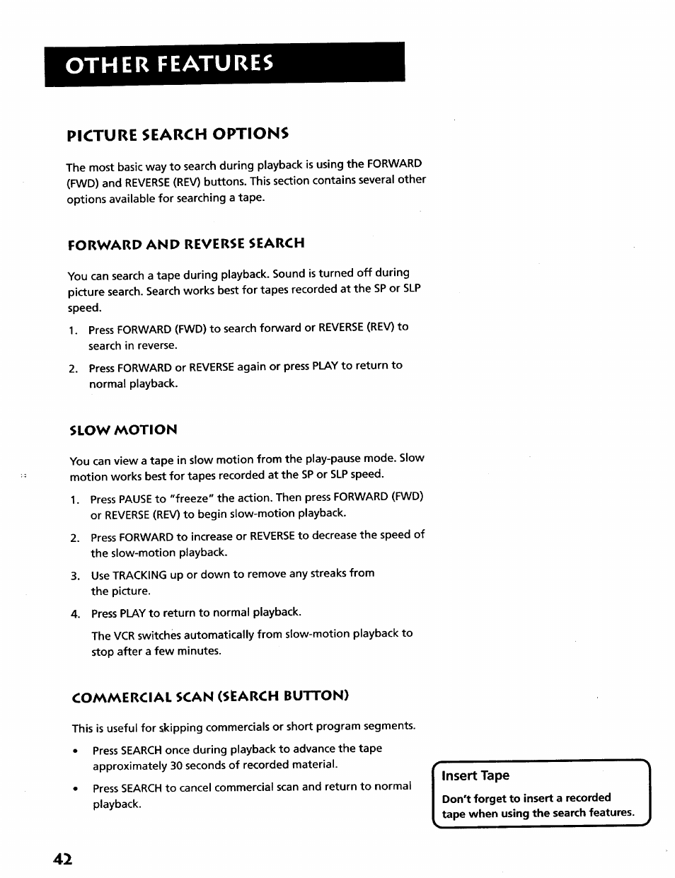 Forward and reverse search, Slow motion, Commercial scan (search button) | Slow motion commercial scan (search button), Other features, Picture search options | RCA VR628HF User Manual | Page 46 / 74