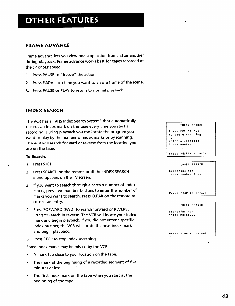 Frame advance, Index search, Frame advance index search | Other features | RCA VR628HF User Manual | Page 47 / 74