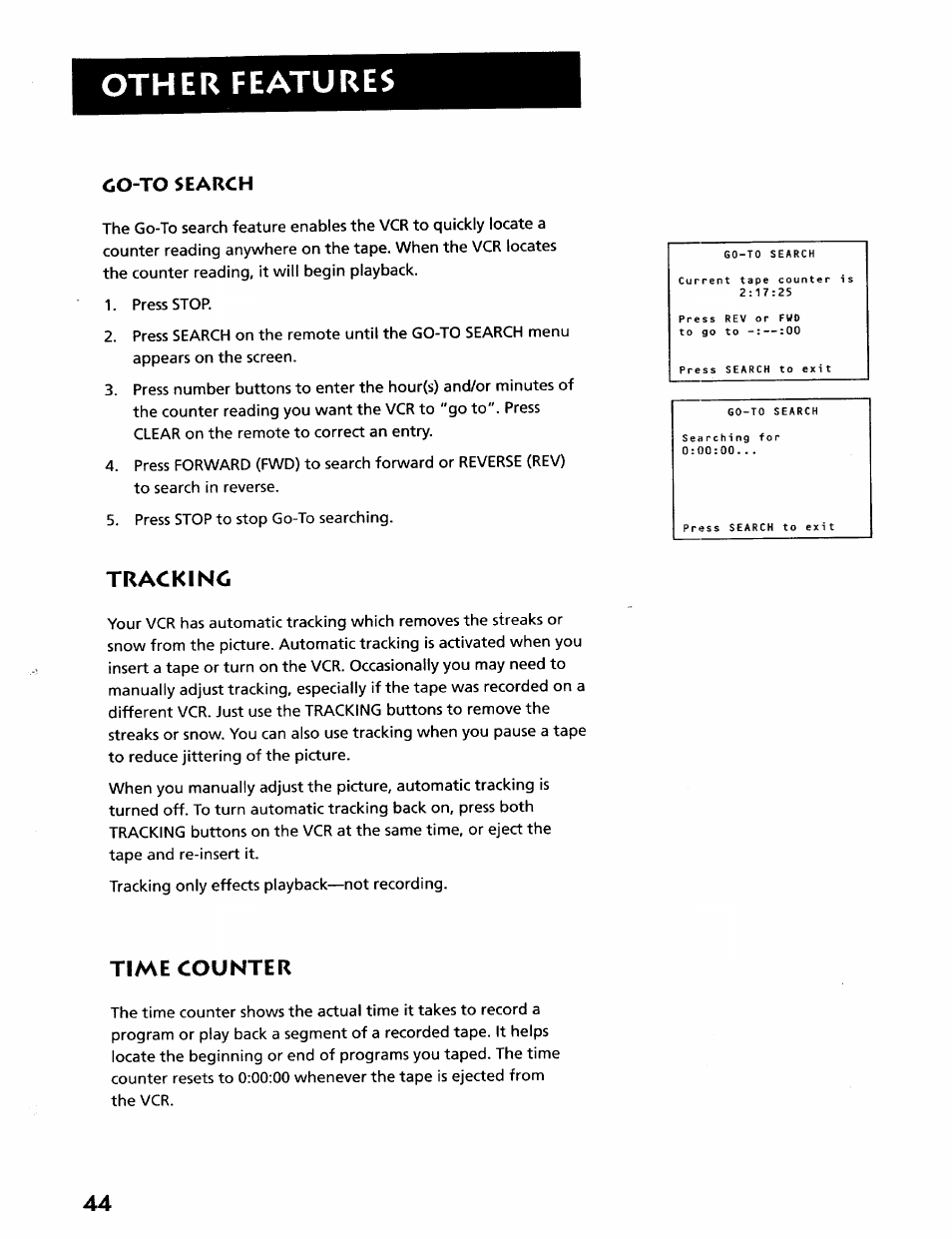 Co-to search, Go-to search, Other features | Trackino, Time counter | RCA VR628HF User Manual | Page 48 / 74