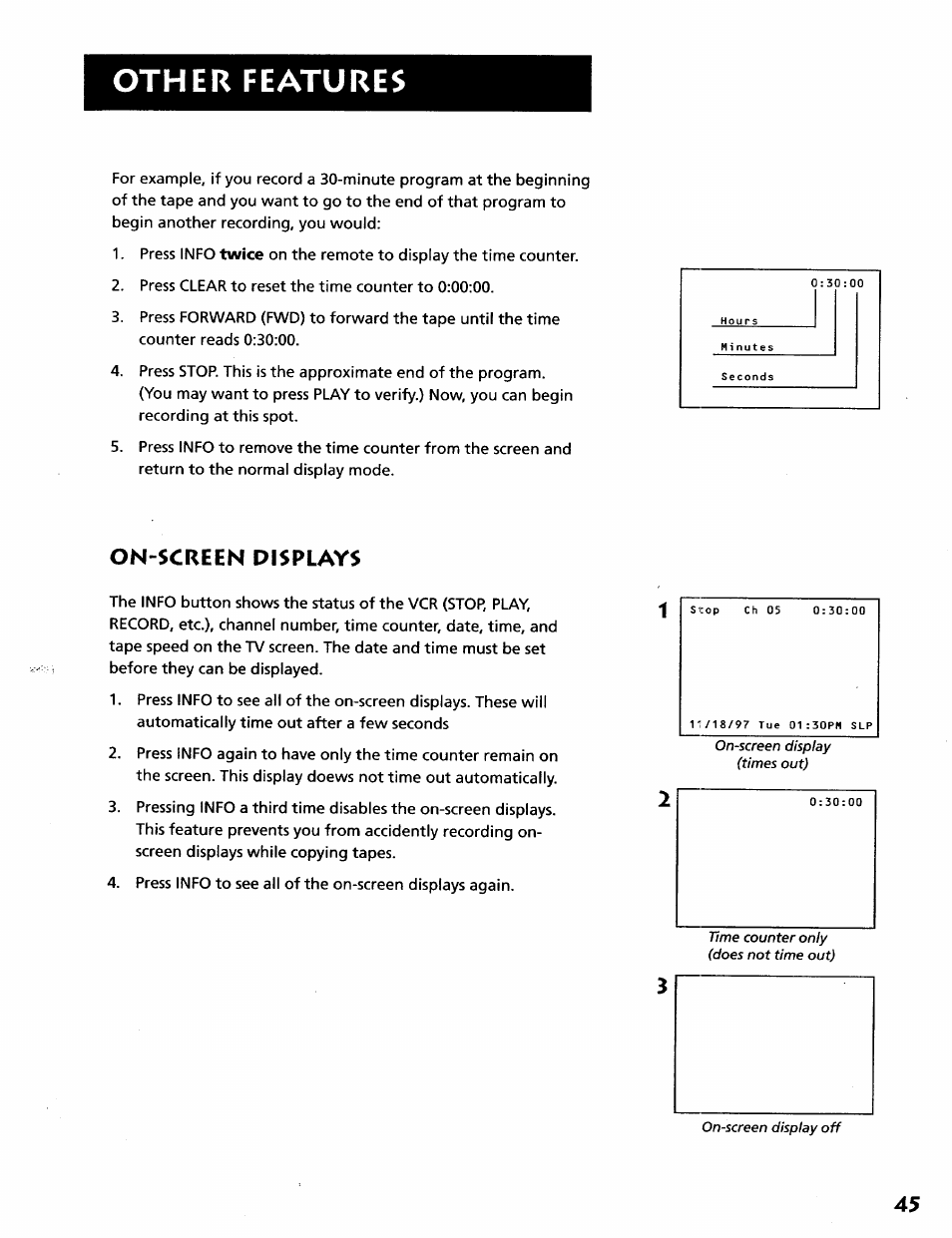 Other features, On-screen displays | RCA VR628HF User Manual | Page 49 / 74