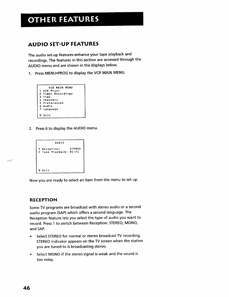 Reception, Other features, Audio set-up features | RCA VR628HF User Manual | Page 50 / 74