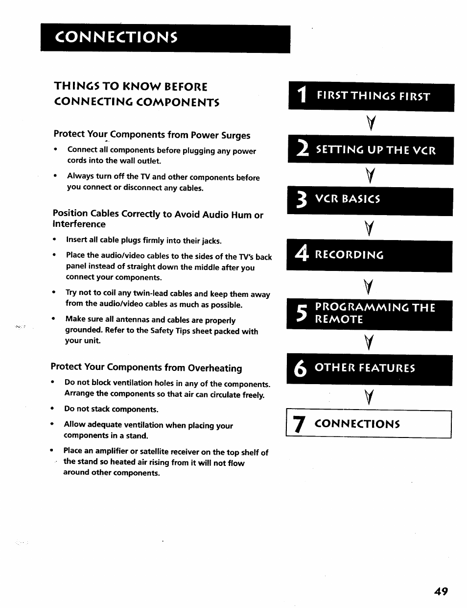 Protect your components from power surges, Protect your components from overheating, Connections | RCA VR628HF User Manual | Page 53 / 74