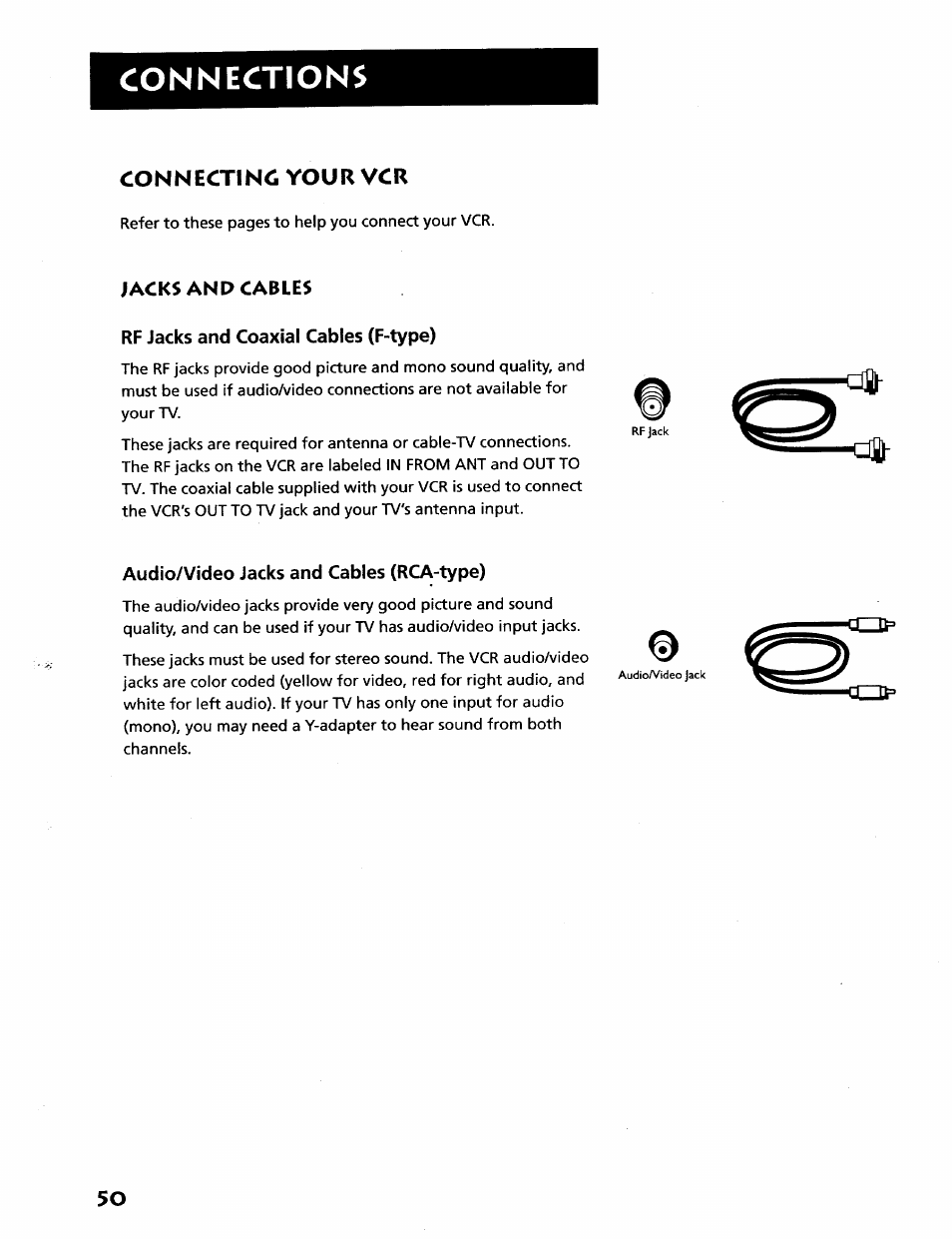 Jacks and cables, Rf jacks and coaxial cables (f-type), Audio/video jacks and cables (rca-type) | Connections, Connecting your vcr | RCA VR628HF User Manual | Page 54 / 74