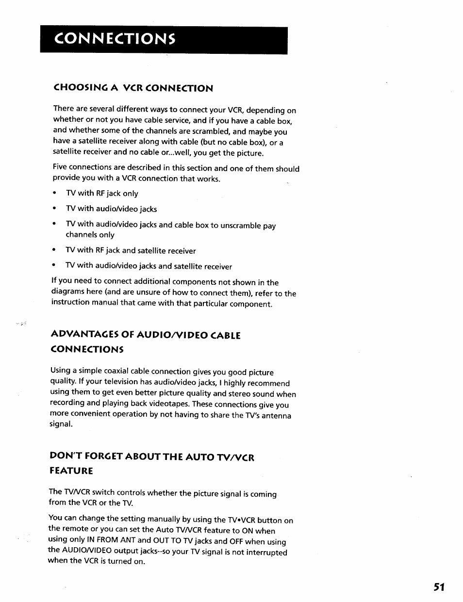 Choosinca vcr connection, Advantages of audioa^ideo cable connections, Don't forget about the autotv/vcr feature | Choosing a vcr connection, Advantages of audio/video cable connections, Don’t forget about the auto tva^cr feature, Connections | RCA VR628HF User Manual | Page 55 / 74