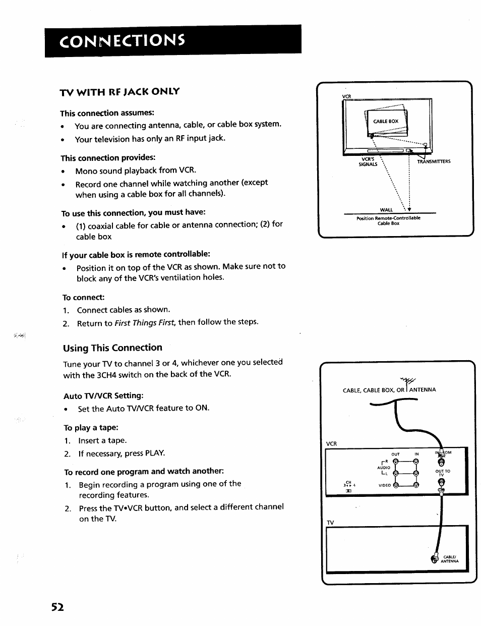 Tv with rf jack only, Using this connection, Connections | RCA VR628HF User Manual | Page 56 / 74