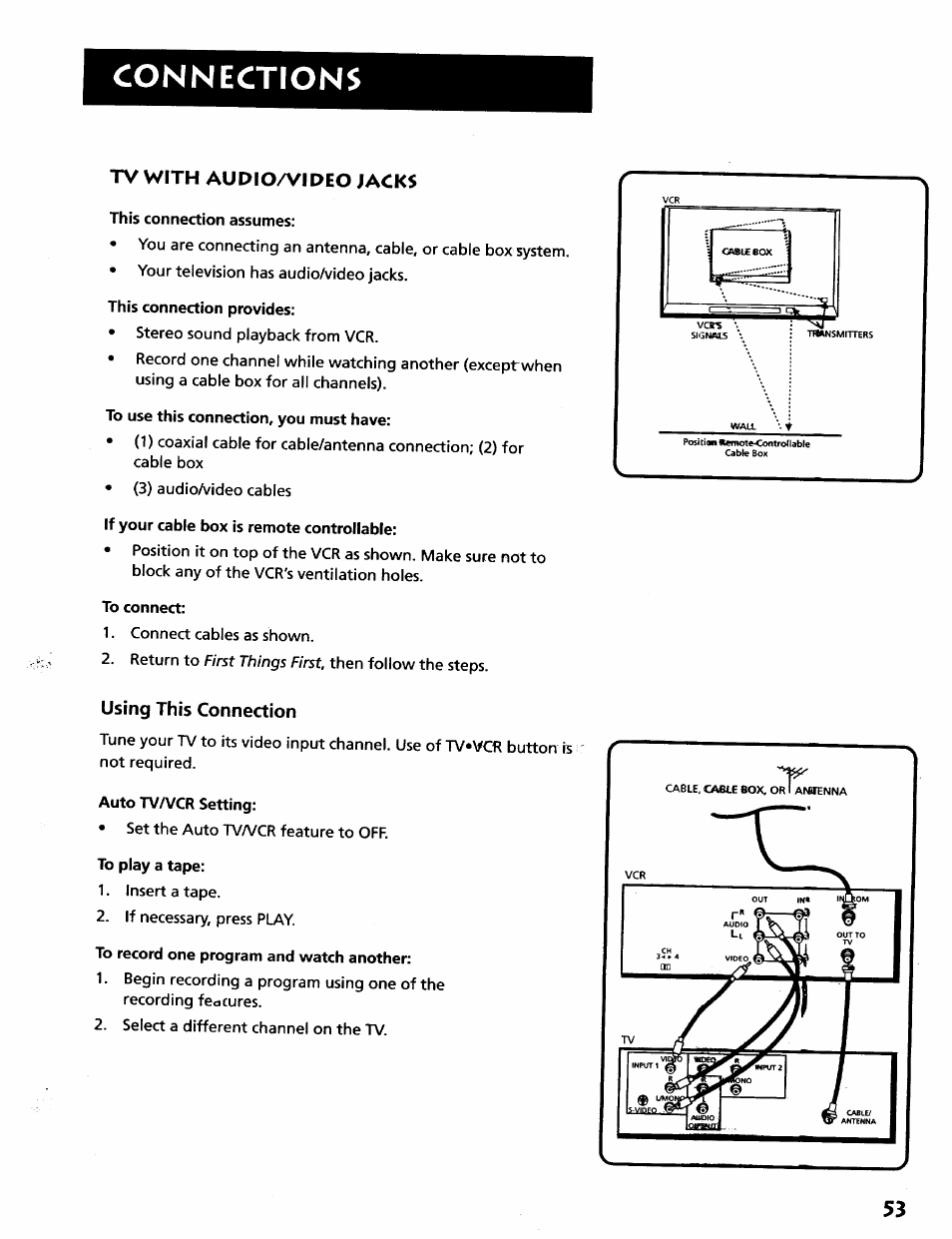 Tv with audio/video jacks, Using this connection, Connections | RCA VR628HF User Manual | Page 57 / 74