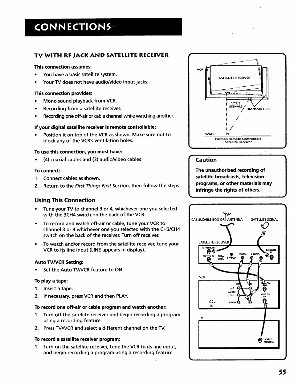 Tv with rf jack and satellite receiver, Using this connection, Connections | Caution | RCA VR628HF User Manual | Page 59 / 74