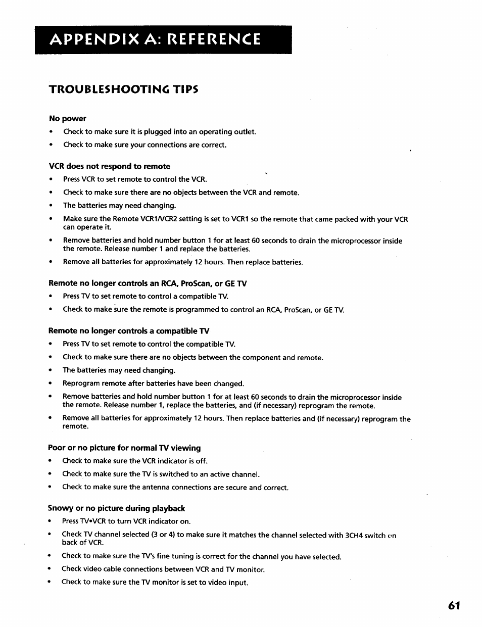 Appendix a: reference, Troubleshootino tips | RCA VR628HF User Manual | Page 65 / 74