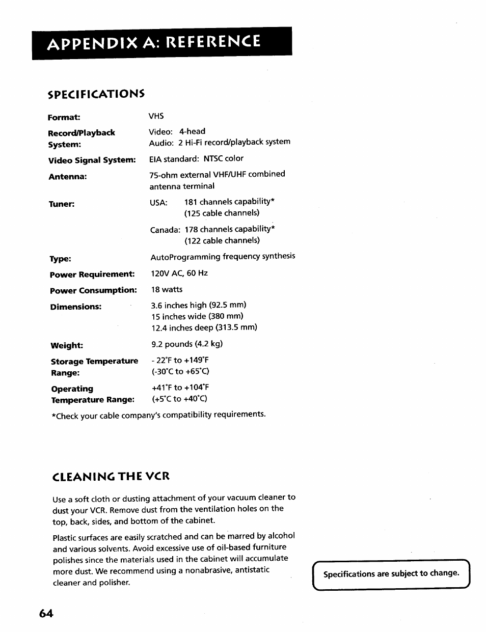 Appendix a: reference, Specifications, Cleanincthe vcr | RCA VR628HF User Manual | Page 68 / 74