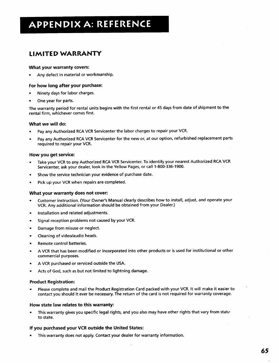 Appendix a: reference, Limited warranty | RCA VR628HF User Manual | Page 69 / 74