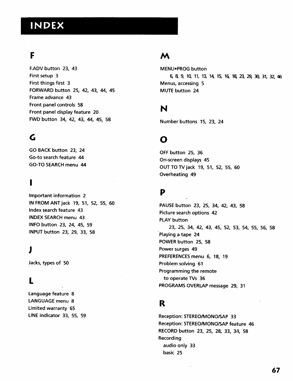 Index | RCA VR628HF User Manual | Page 71 / 74