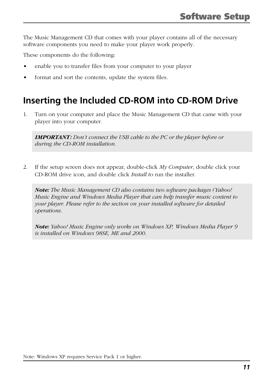 Inserting the included cd-rom into cd-rom drive, Software setup | RCA HC106 User Manual | Page 11 / 40