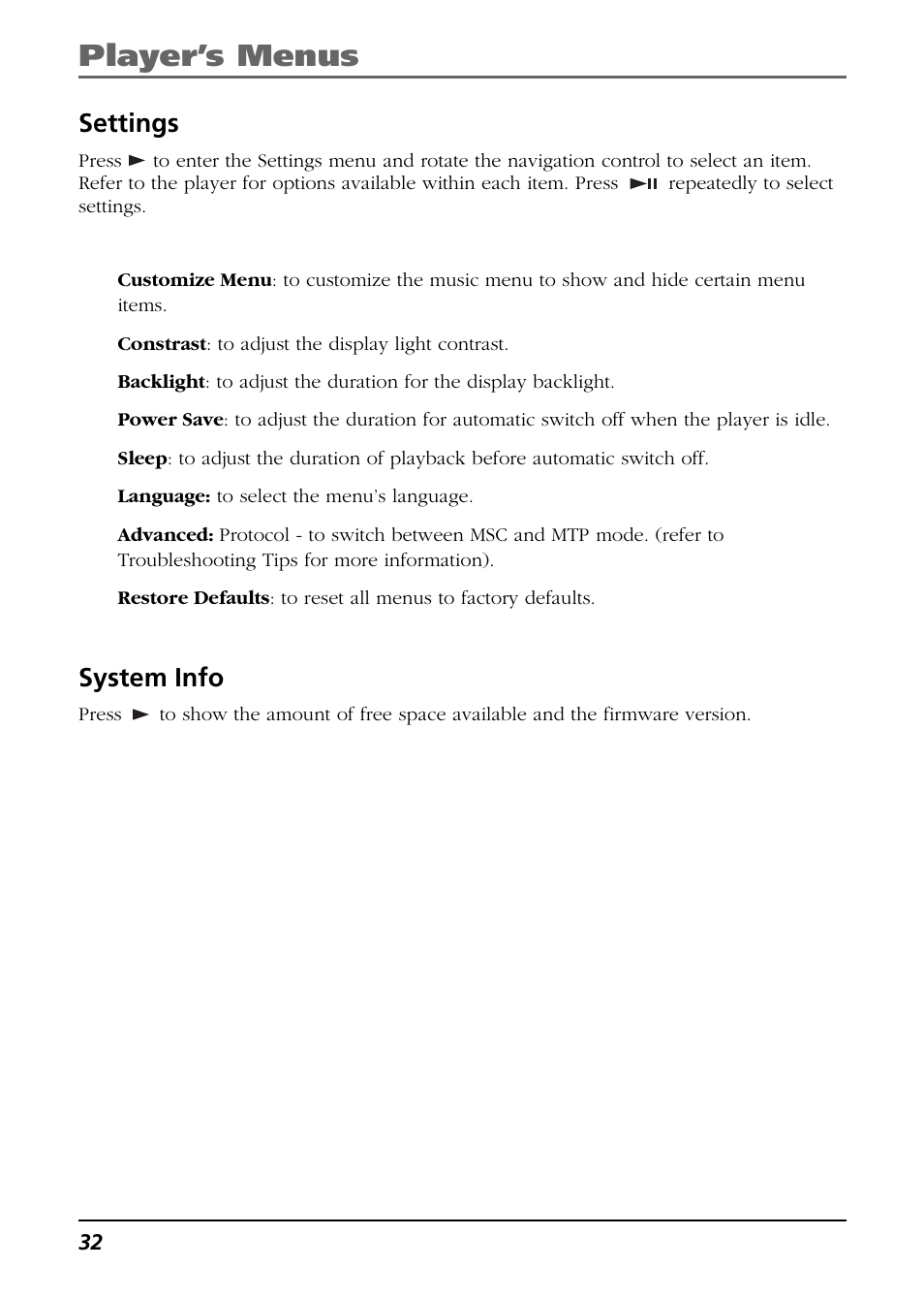 Settings, System info, Player’s menus | RCA HC106 User Manual | Page 32 / 40