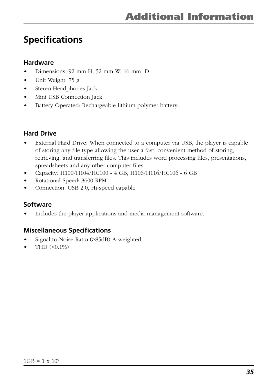 Specifications, Hardware, Hard disc | Software, Miscellaneous specifications, Additional information specifications | RCA HC106 User Manual | Page 35 / 40