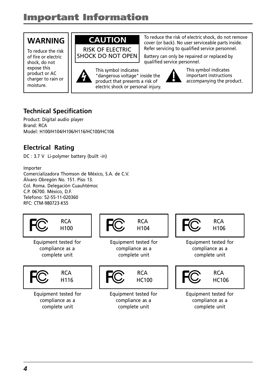 Important information, Technical specification, Electrical rating | Warning, Caution | RCA HC106 User Manual | Page 4 / 40