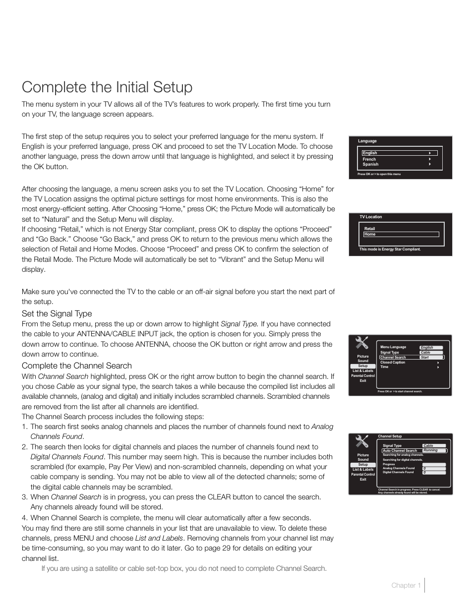Complete the initial setup, Set the menu language, Set the tv location mode | Complete channel setup, Set the signal type, Complete the channel search | RCA L46FHD37R User Manual | Page 15 / 40