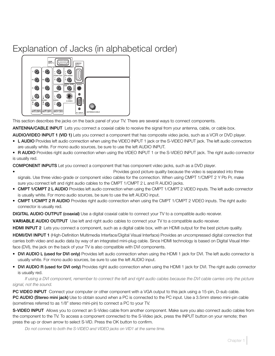 Explanation of jacks (in alphabetical order), Connections and setup chapter 1 | RCA L46FHD37R User Manual | Page 17 / 40