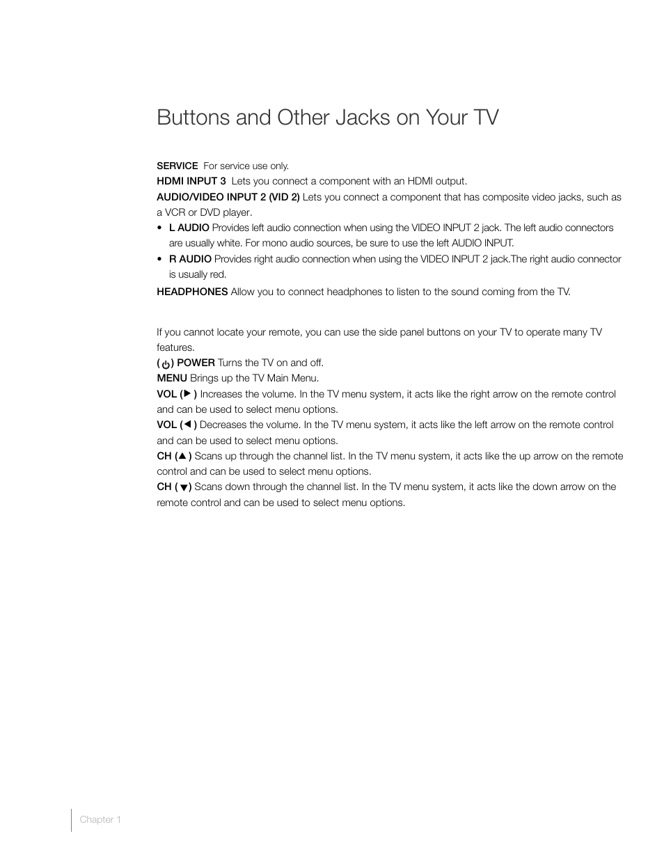 Buttons and other jacks on your tv | RCA L46FHD37R User Manual | Page 18 / 40