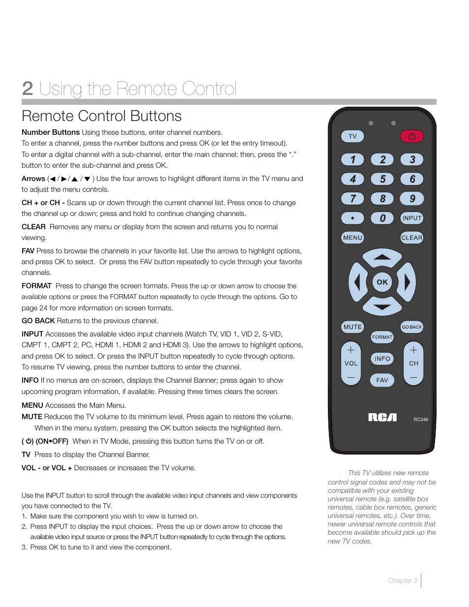 2 using the remote control, Remote control buttons | RCA L46FHD37R User Manual | Page 19 / 40