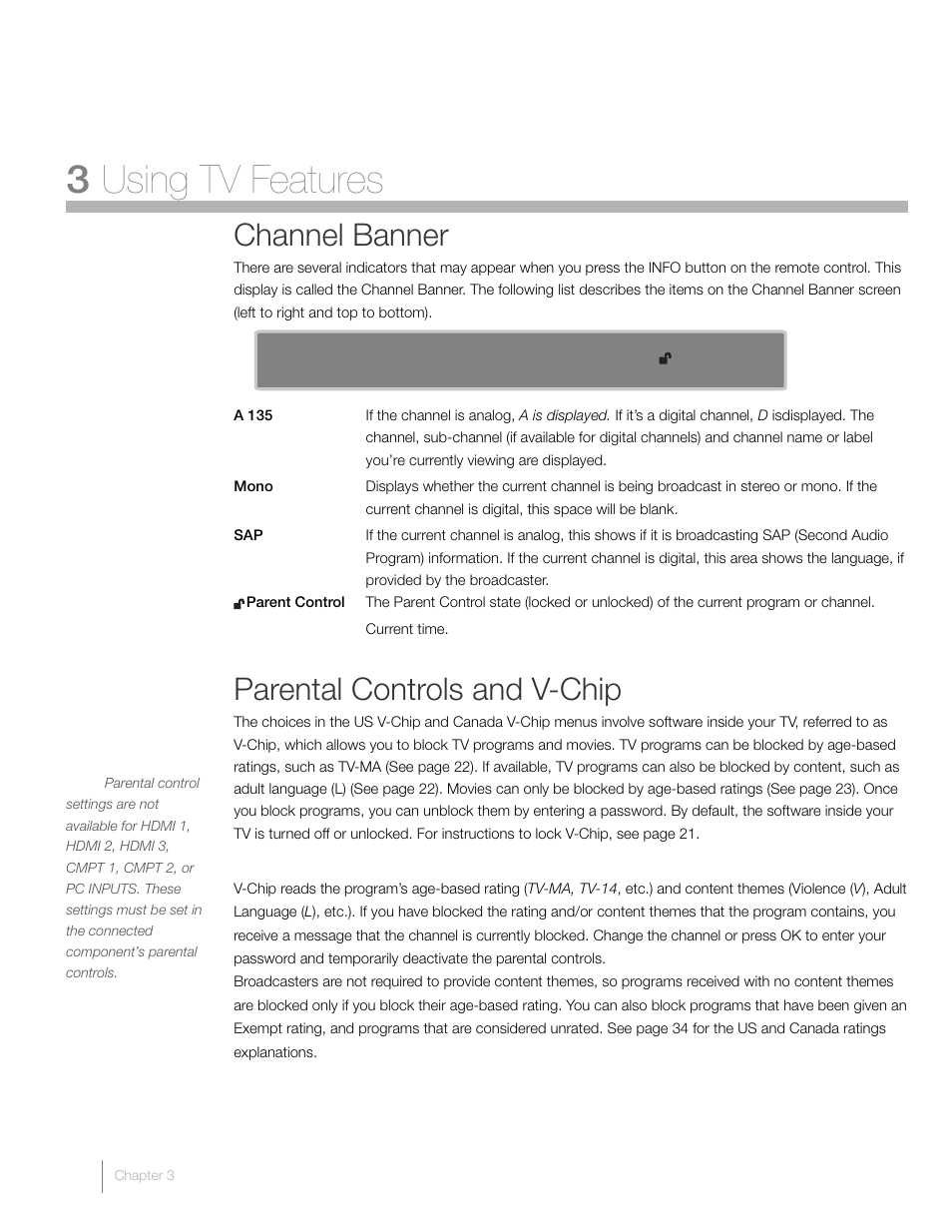 3 using tv features, Channel banner, Parental controls and v-chip | RCA L46FHD37R User Manual | Page 20 / 40
