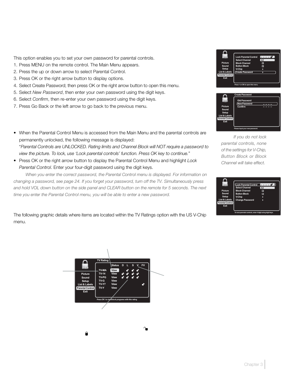 Create password, Lock/unlock parental controls, V-chip rating screen | RCA L46FHD37R User Manual | Page 21 / 40