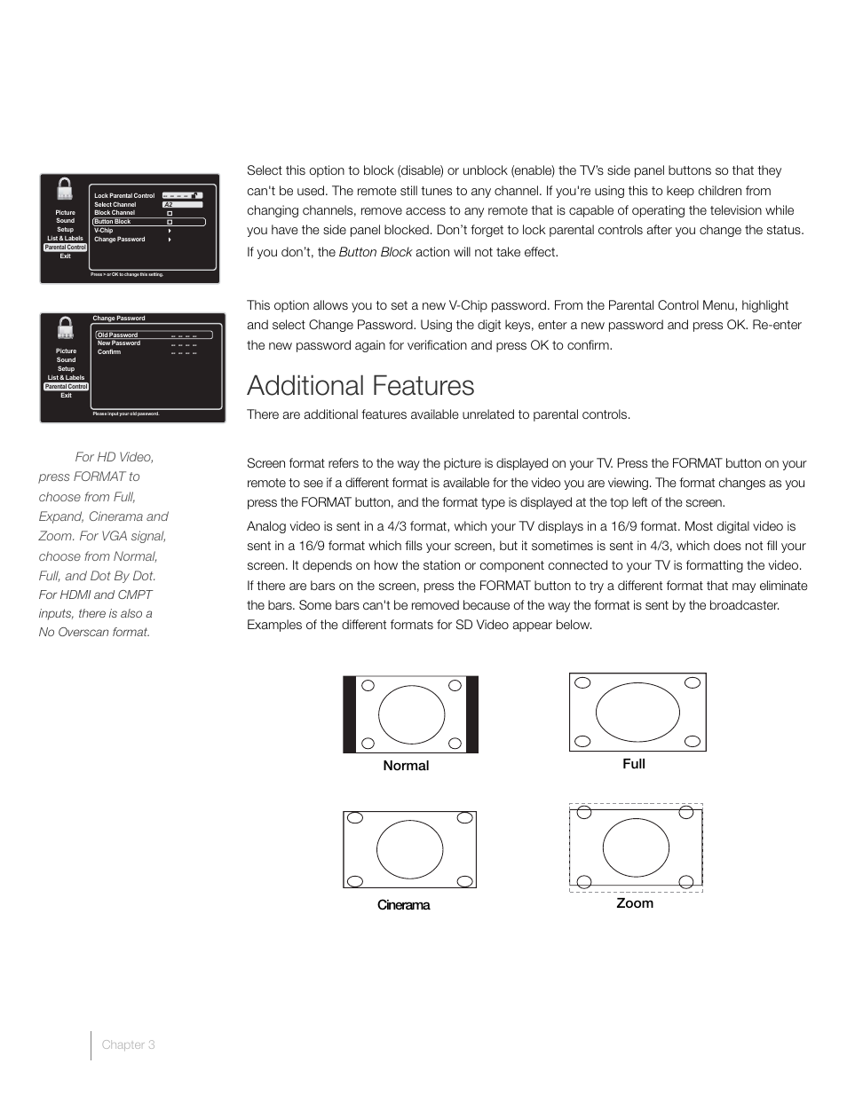 Additional features, Block buttons, Change password | Screen formats | RCA L46FHD37R User Manual | Page 24 / 40